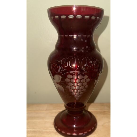 Vintage Egermann Bohemian Ruby Red Vase Cut To Clear Etched Glass 8 3/4" Tall - Picture 2 of 8
